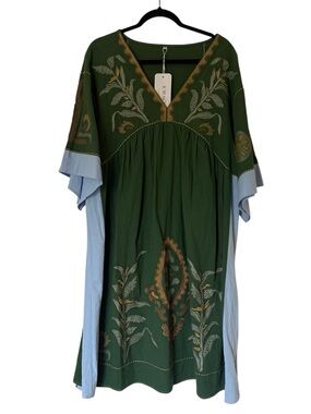 NWT Oversized Embroidered Green BOHO Kaftan Style Dress with Light Blue Sleeves